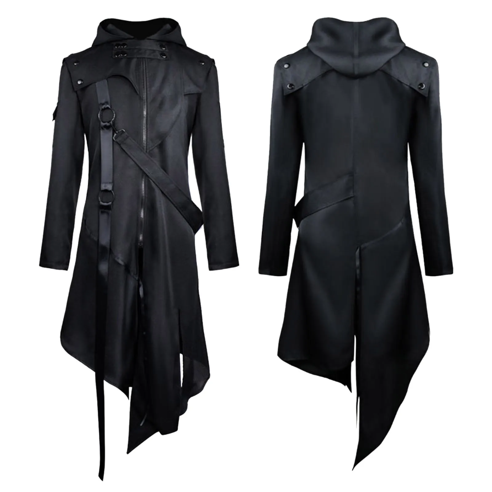 

Gothic Men's Steampunk Jacket Coat Vintage Irregular Zipper Belt Hooded Jacket Long Sleeve Oversized Long Victorian Jacket