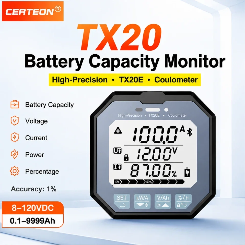 Battery Monitor Coulomb Meter 8-120V DC Battery Capacity Tester LCD Battery Gauge Voltage Current Meter 0.1-9999Ah