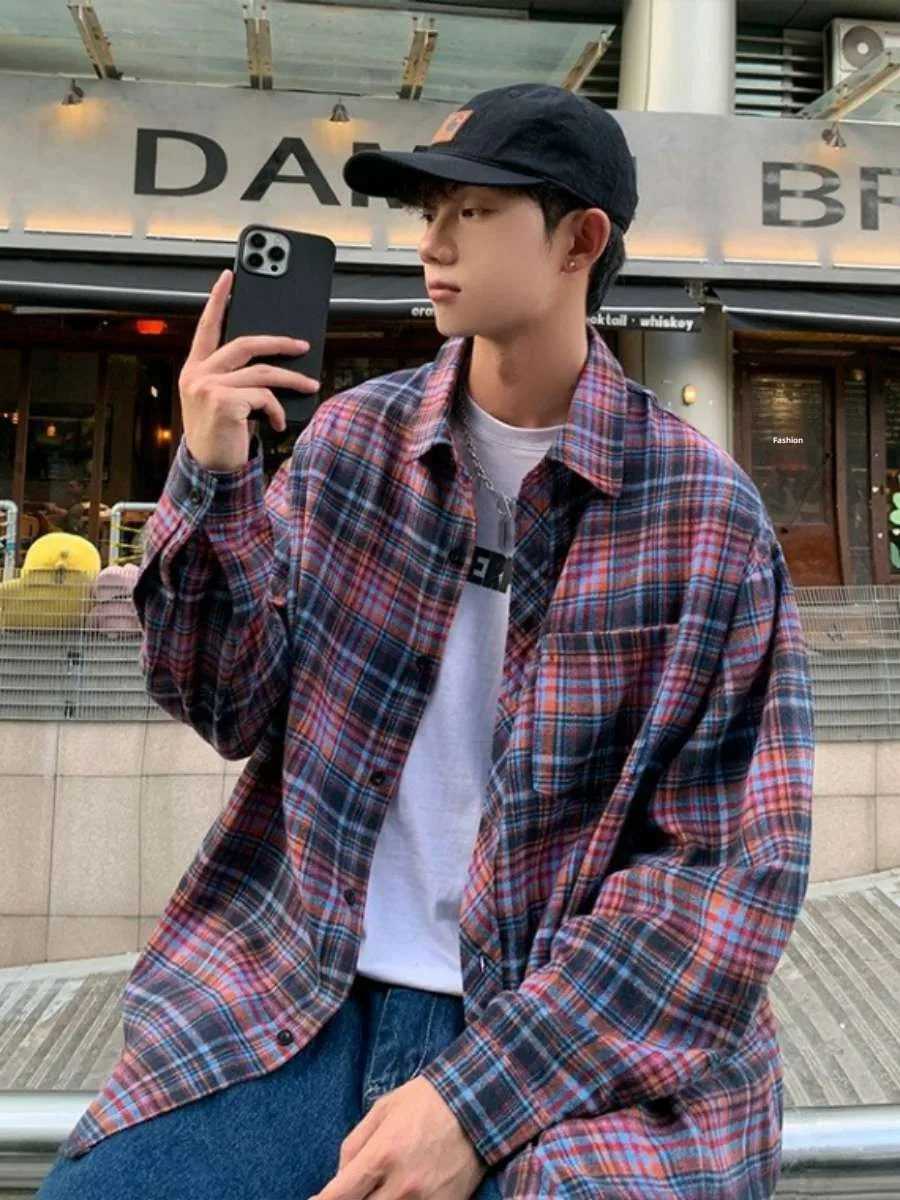 

Длинная рубашка в клетку для мальчиков, летняя, для подростков, в американском ретро-стиле, верхняя одежда, на раннюю весну, свободный крой, классический воротник