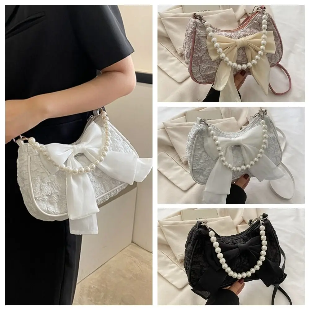 

Luxury Canvas Bow Shoulder Bag Pearl Korean Style Bow Underarm Bag Crossbody Bag Phone Bag Small Square Bag Daily
