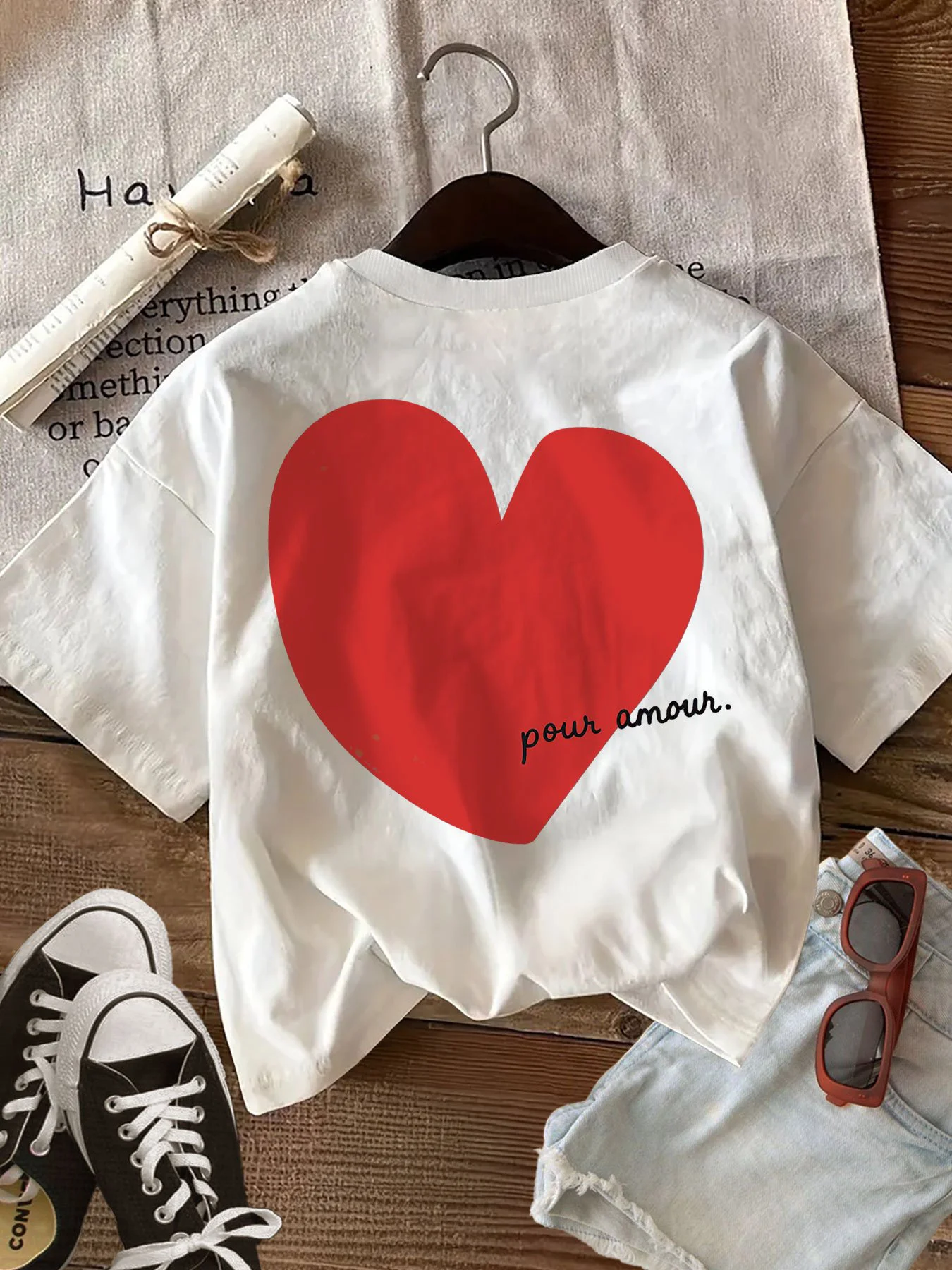 Pour Amour Red Heart Prints Cotton T-Shirts Womens Summer Oversized Tops Casual Soft Short Sleeve T Shirts Basic O-Neck Clothes