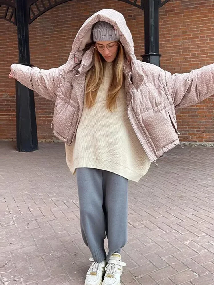 

HH Women Winter Fashion Hand-Stuffed Printed Hooded Jacket Female Zipper Pocket Decoration Warm Long-Sleeved Cotton Coat Mujer