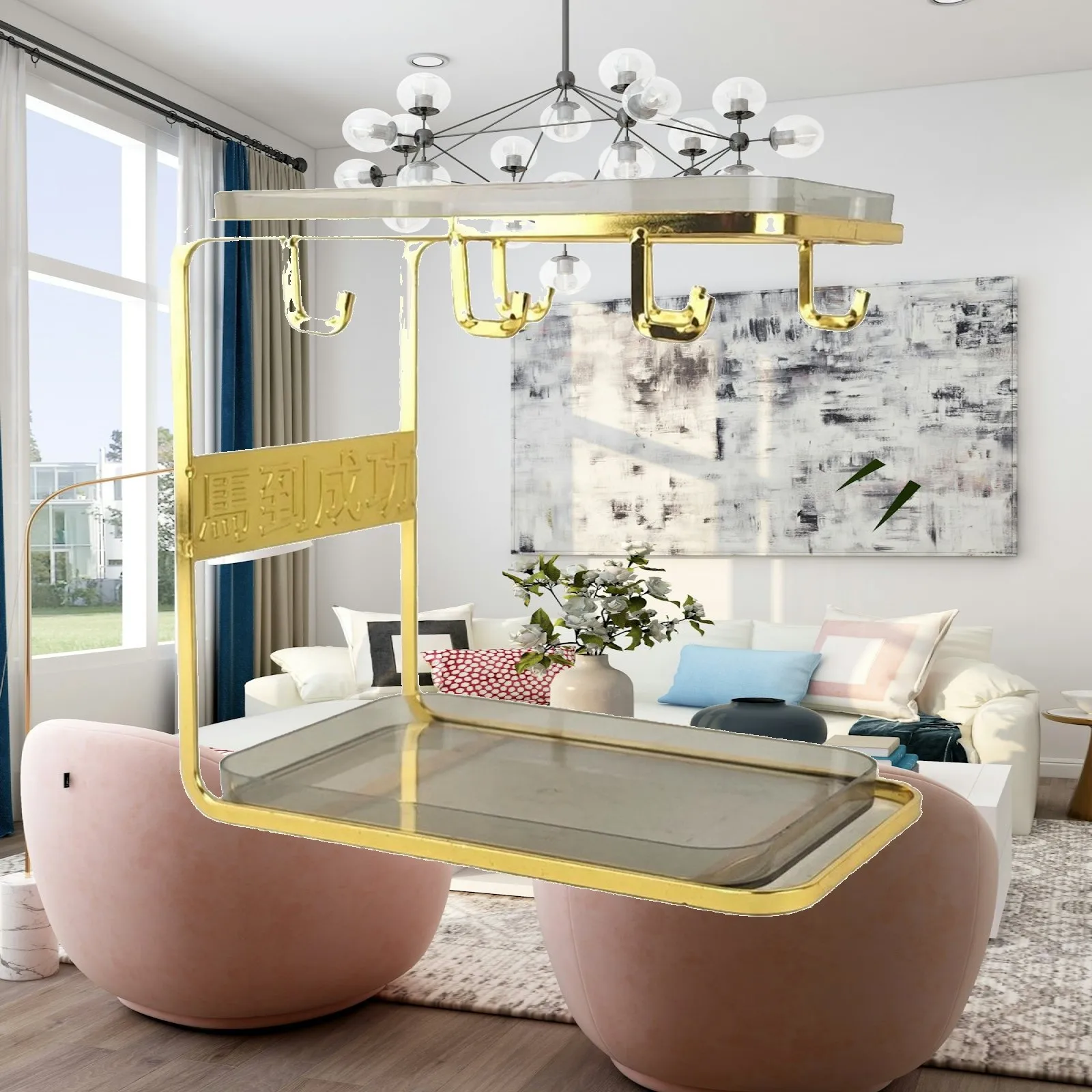 Countertop Organizer Gold Finish Desktop Cup and Glass Storage Rack Space-Saving Two-Level Drinkware Rack with Hanging Hooks for