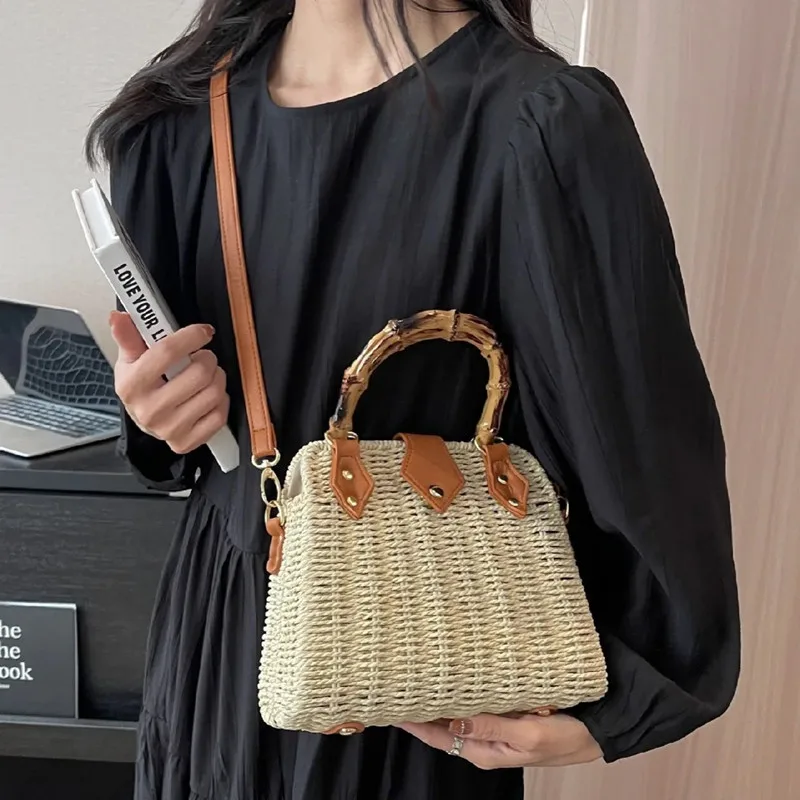 2025 Luxury Designer Fashionable Bamboo Handle Handwoven Rattan Handbags Women's Vacation Beach Box Bag Trend Tote Shoulder Bag