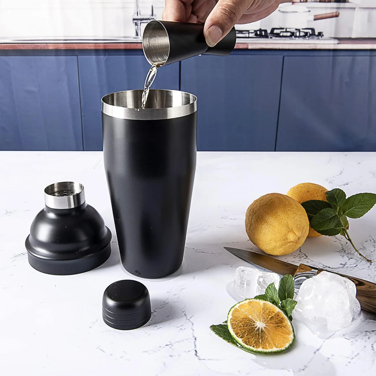 Stainless Steel Shaker Muddle Jigger Ice Tong  5 Pieces Bartender Gift Set with Gift Box for Bar Party