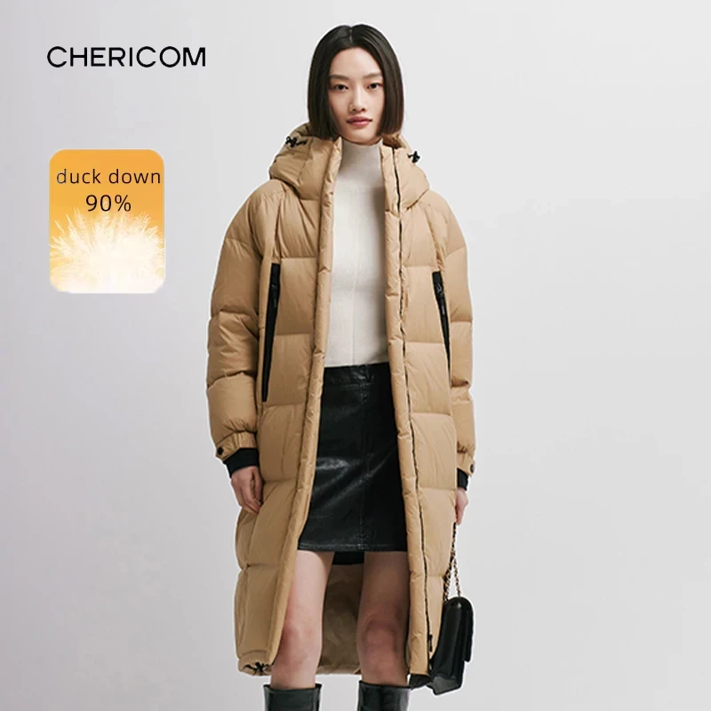 

Chericom Пуховые пальто средней длины с капюшоном, стеганый дизайн, новинка 2025, теплые утолщенные женские водонепроницаемые куртки на молнии Y298091Y