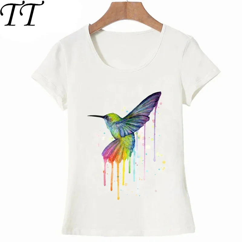 Humming Bird watercolor rainbow T-shirt summer fashion women T shirt hipster ladies tops high quality casual maiden tees