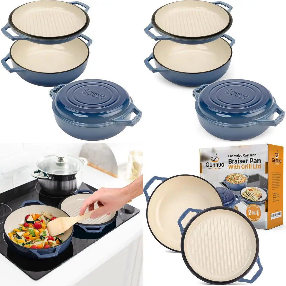 

3.3-Quart Cast Iron Enameled Braiser with Grill Lid - Small Dutch Oven, Casserole & Stovetop Grill Pan Cookware