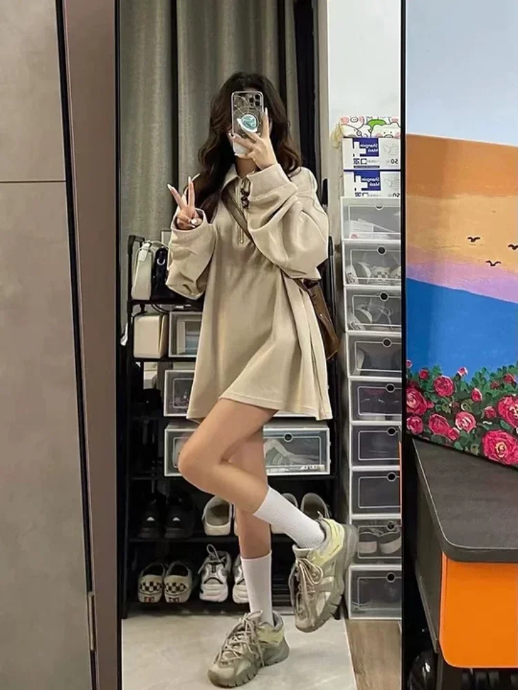 Autumn and winter loose casual polo collar long sleeved women's top fashionable women's commuting wool waffle hoodie without hat