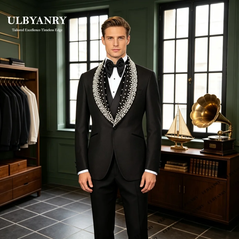 Luxurious 3-Piece Suit Set with Crystals Handsewn Men's Wedding Suit Attire Black Groom's Suit Set Blazer Trousers