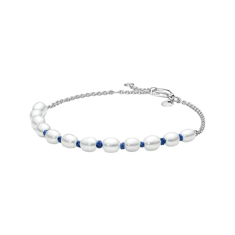 

925 Sterling Silver Wrist Link Chain Bracelets For Women Jewelry White Freshwater Cultured Pearl Blue Cord Lobster Clasp Closure