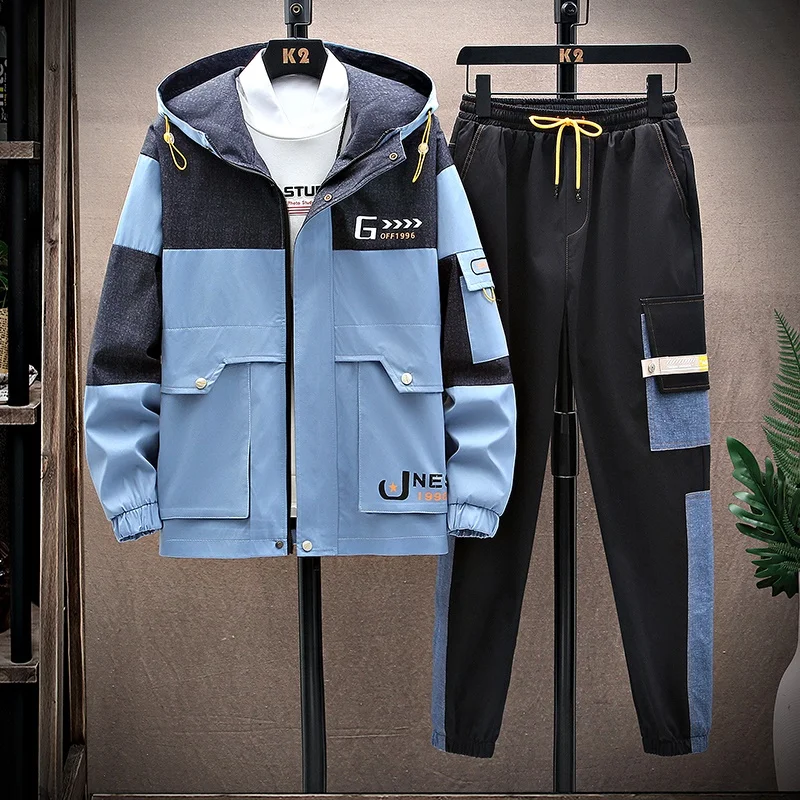 

Casual Patchwork Tracksuit for Men Fashion Spring Autumn Hooded Zipper Jackets Sweatpants Two Pieces Suits Male Sportswear