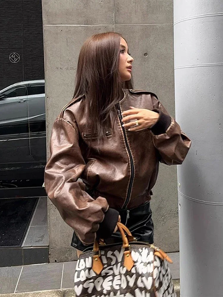 Vintageหนังเสื้อแจ็คเก็ตเครื่องบินทิ้งระเบิดผู้หญิงลําลองกระเป๋าซิปแขนยาวCrop Coat 2024 ฤดูใบไม้ร่วงใหม่Lady High Street Outwears