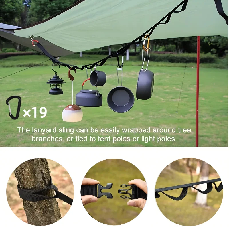 

Adjustable Camping Rope with 19 Hook Carabiners - Portable Hanging Straps for Outdoor Tent Backpack Survival Equipment