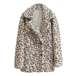 Traje de longitud media para mujer, chaqueta Sexy con estampado de leopardo blanco nieve, abrigo cálido de piel sintética, prendas de vestir, abrigos diarios de invierno, nueva moda