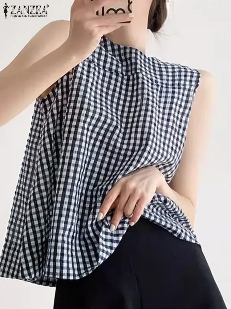 ZANZEA Summer Harajuku Tank Tops Women Korean Sleeveless Plaid Camis 2024 Blouse Fashion Sweety O-Neck Shirts Casual Loose Tunic