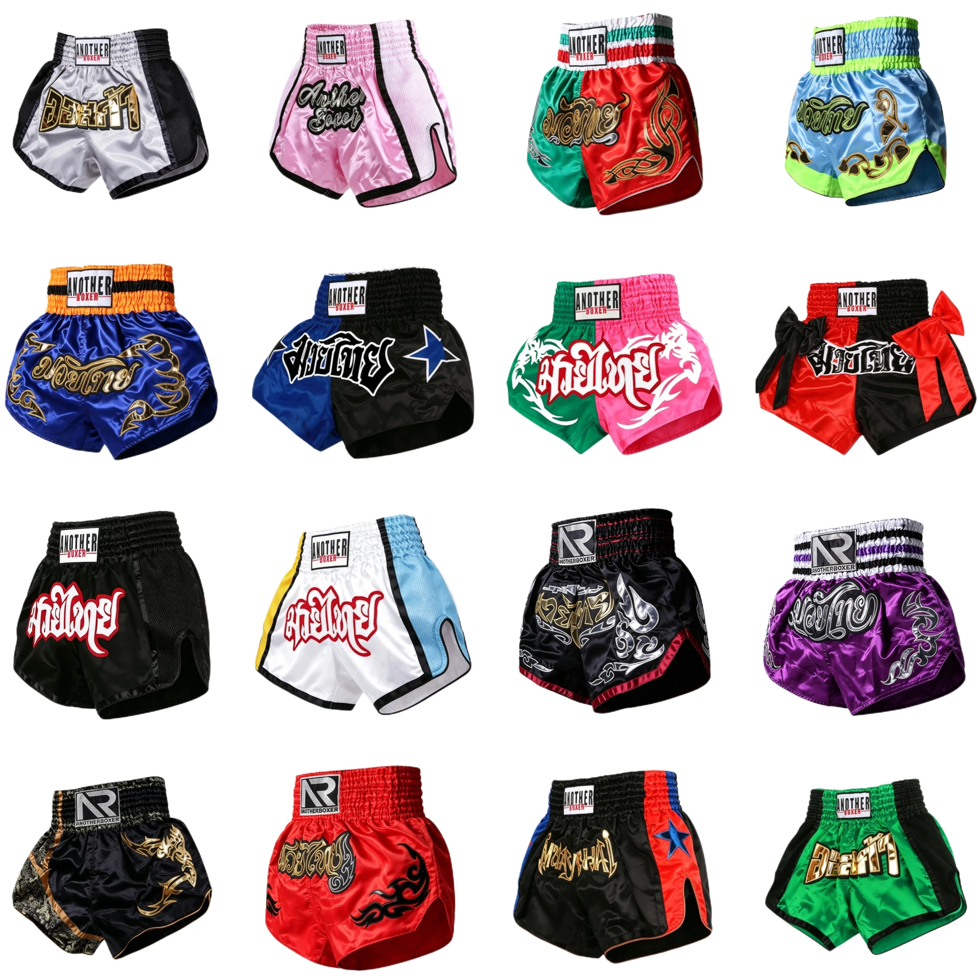 Traditional Muay Thai Shorts Satin Boxing Competition Shorts Classic Thai Embroidery Gym MMA Sparring Kickboxing Training Pants