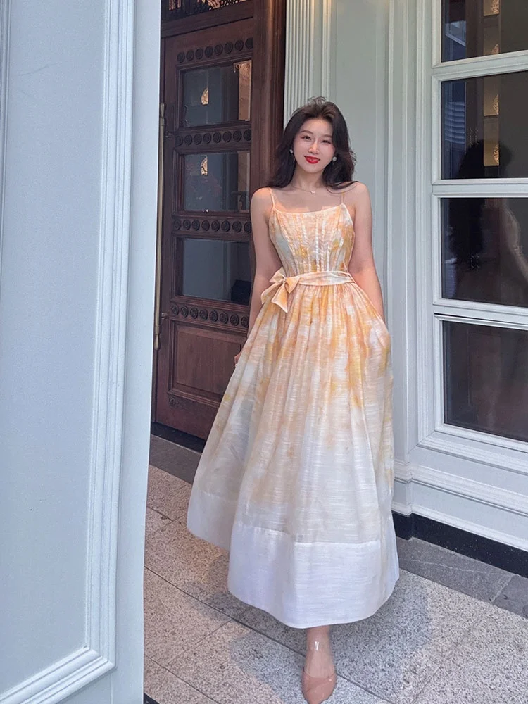 

YANGXIAOJING Bamboo Joint Linen Twill Weave Material adient Printing Glass Silk Sling Waist Cinching Maxi Skirt Dr Summer