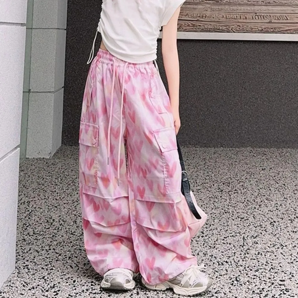 جيوب متعددة السراويل البضائع الفضفاضة الرباط ركض Y2k بنطال ذو قصة أرجل واسعة الهيب هوب عالية الخصر القلب الطباعة السراويل فتاة الرياضة