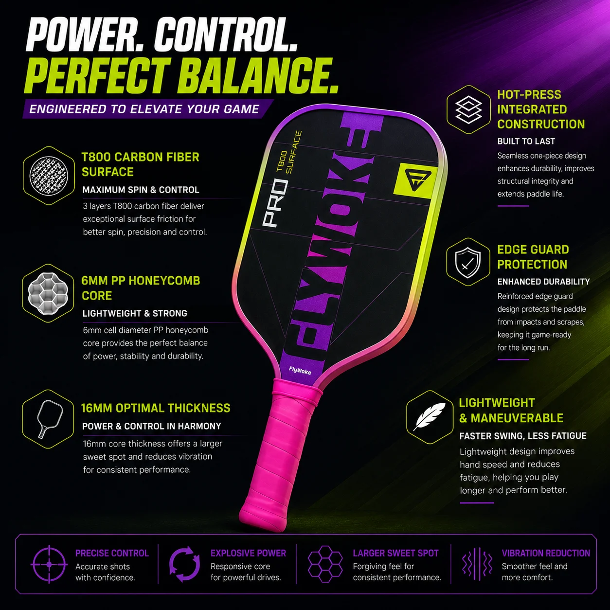FlyWoke-T800 Carbonfaser-Pickleball-Schläger. Strukturierte Matte Oberfläche. Hohe Reibung. Großer Sweet Spot. Schneller Angriff. – Detail 4