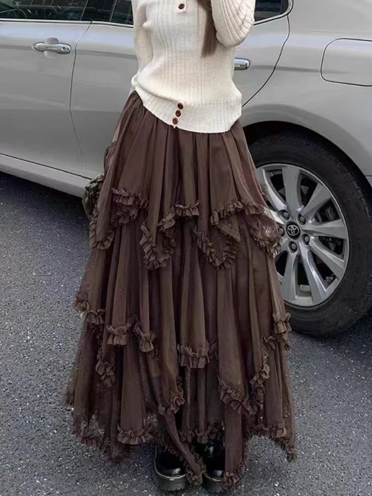 

Long Midi Skirt Woman Mesh Skirt 2026 Goth Lolita Spring Summer High Waist Ruffles Asymmetrical Pleated Ball Gown Skirt Oversize