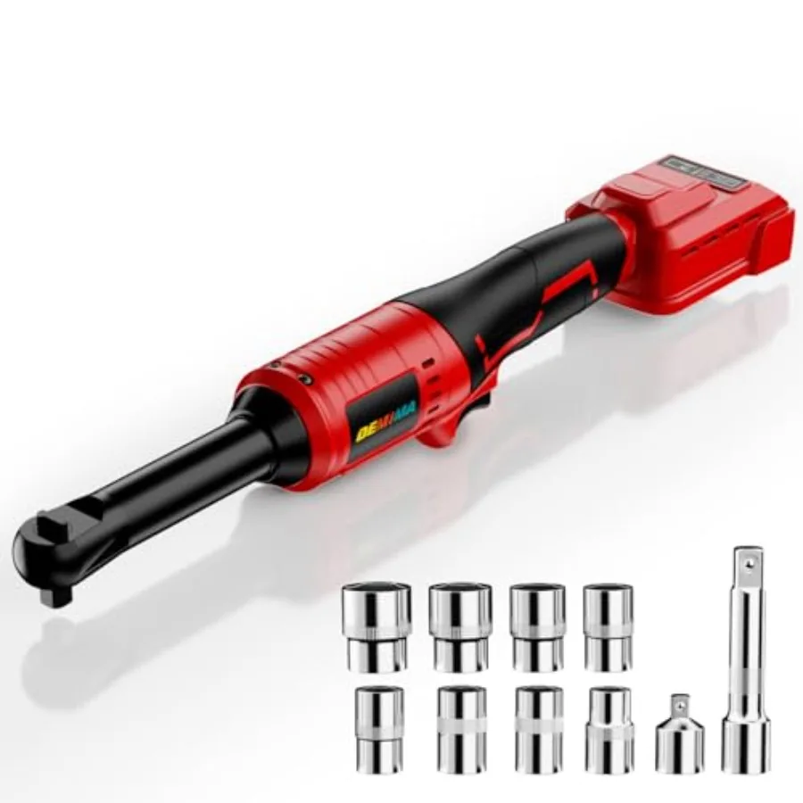 

3/8" Extended Cordless Ratchet Wrench 18V Battery 74Ft-Lbs Brushless Motor Electric Ratchet with 320RPM Variable Speed 8 Socket