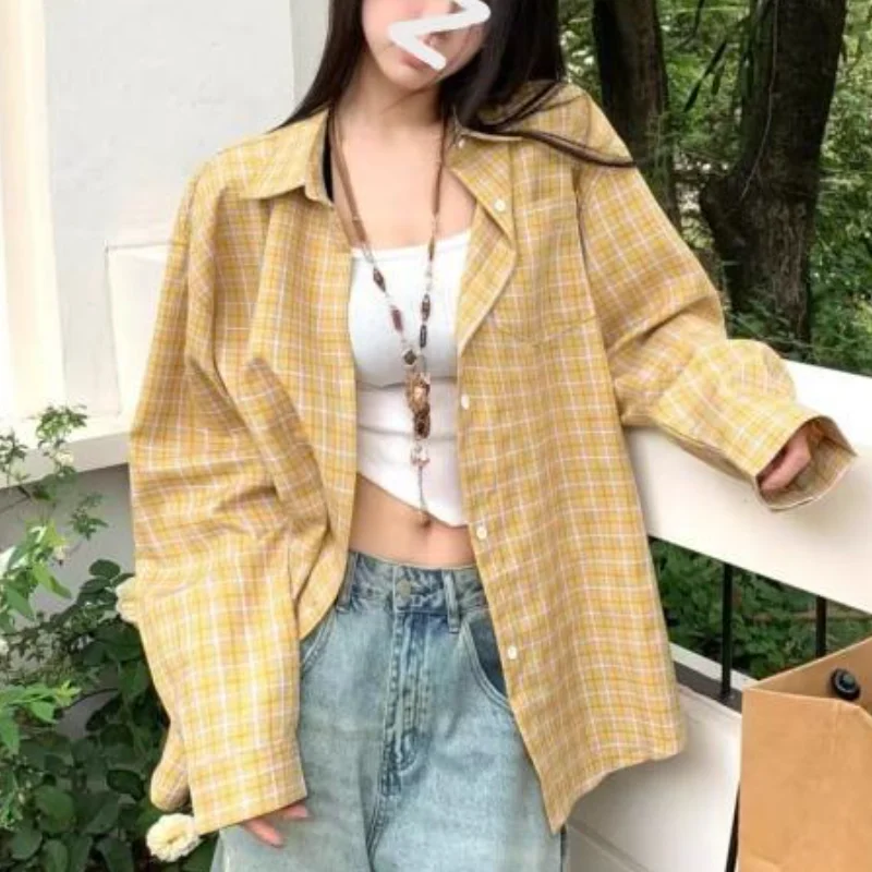 

Модная ретро-рубашка в клетку желтого цвета из мягкой ткани, женская, весна-лето, новая, повседневная, свободного кроя, с длинным рукавом, защита от солнца, блузка