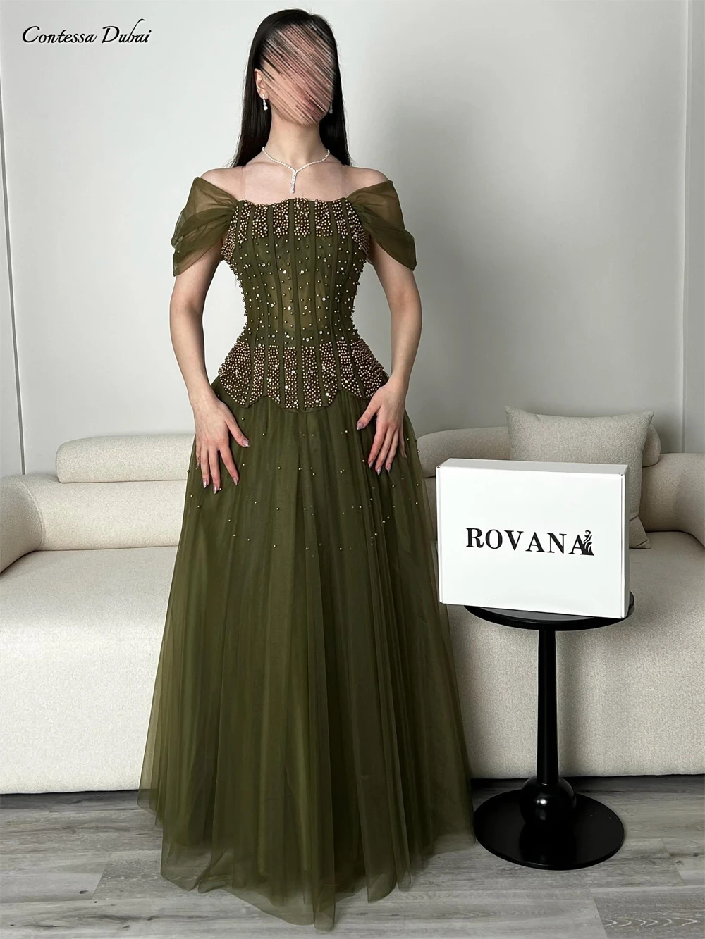 Contessa Custom prom dress elegant beaded pearl corset formal gown off shoulder draped tulle A line floor length party wedding