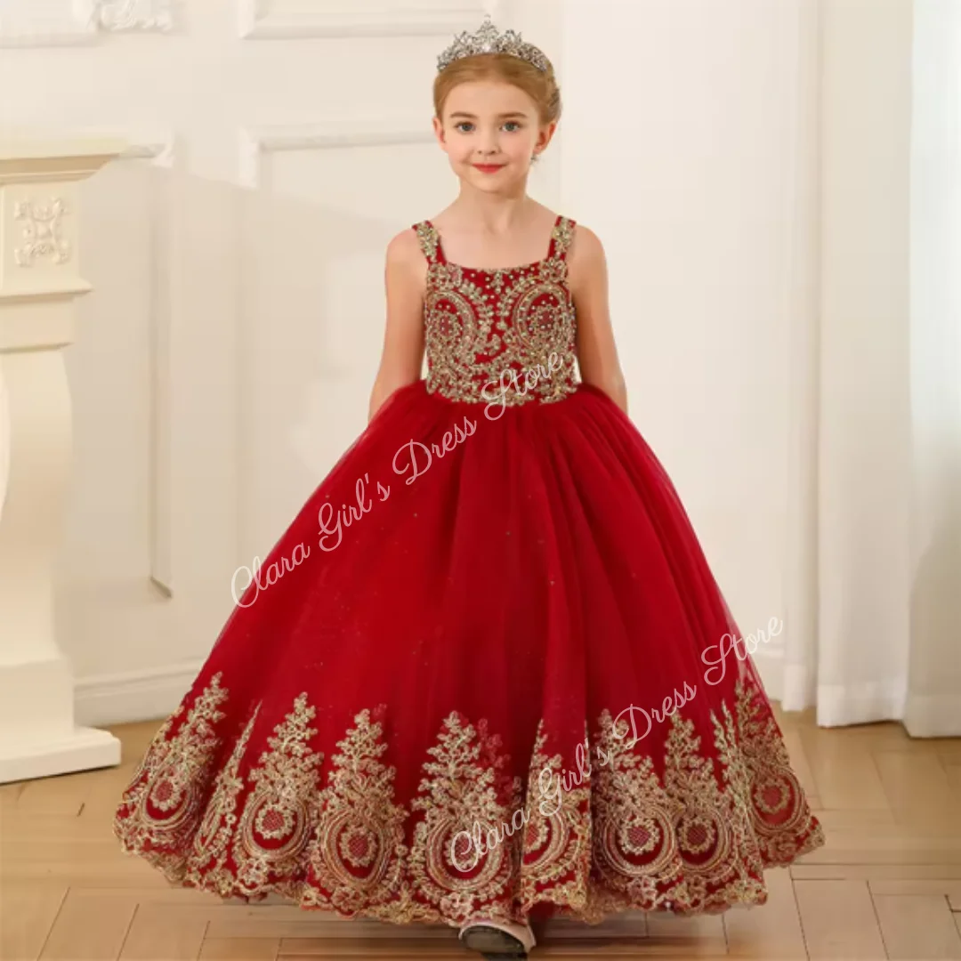 Precioso vestido de niña de flores rojo sin mangas de tul esponjoso apliques dorados para vestidos de boda vestido de banquete de graduación de cumpleaños para niños