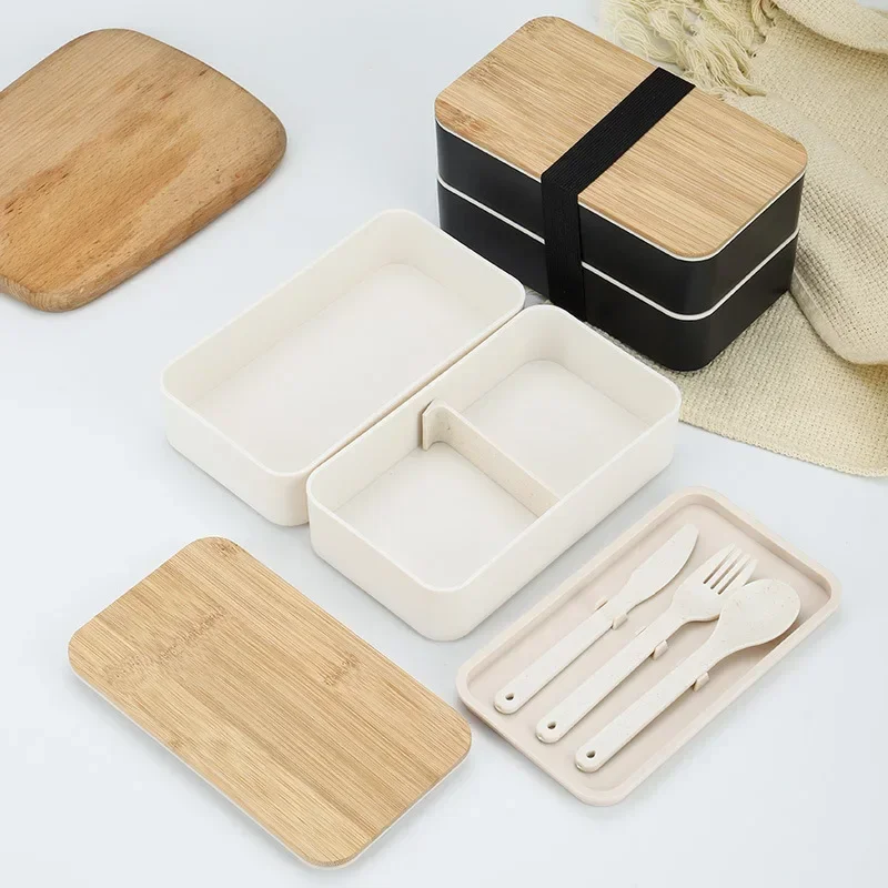 New Japanese Style Bento Box, Minimalist Double-layer Lunch Box with Knife, Fork, Spoon, Divided Student Lunch Box