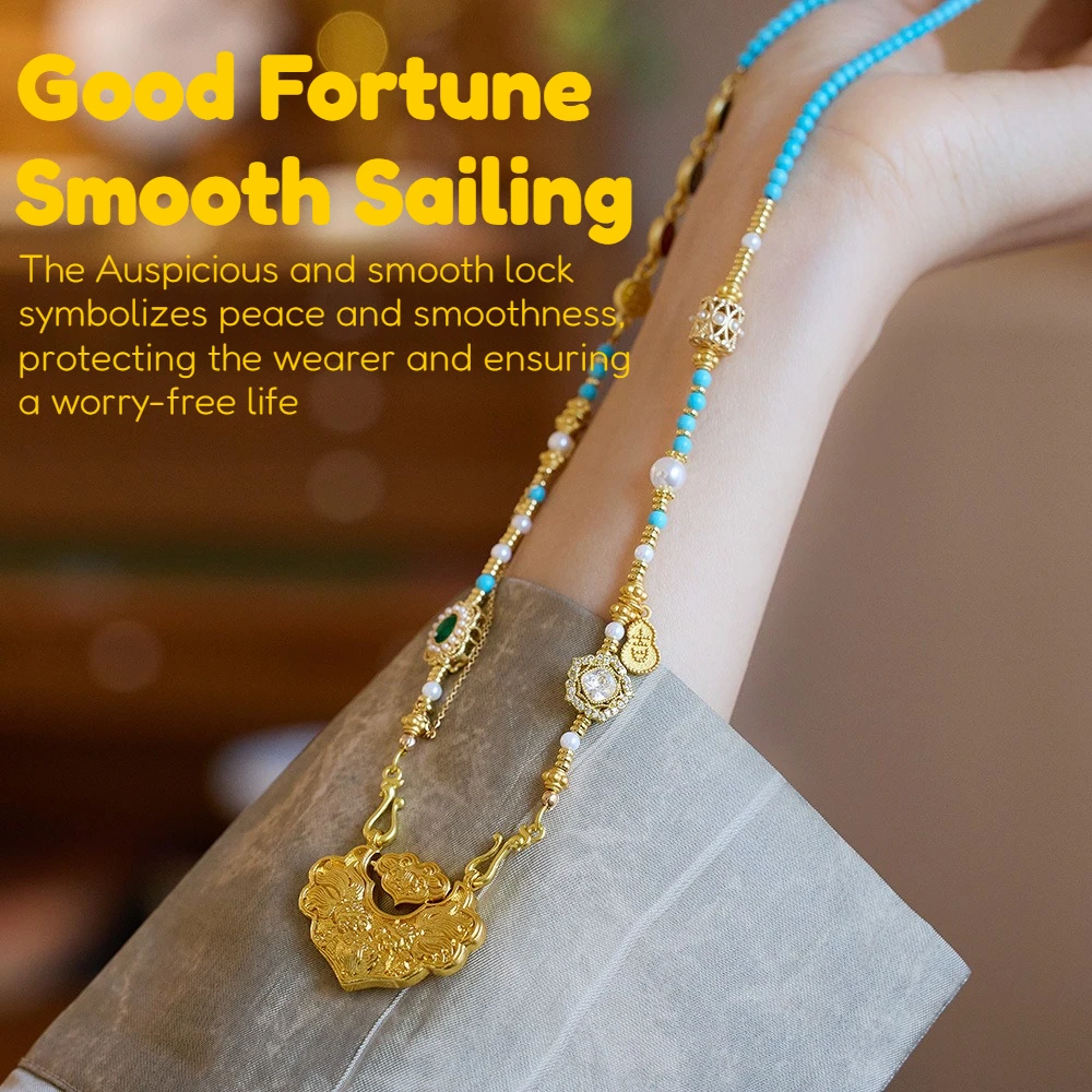 

Ancient Enamel Sand Gold Koi Lucky Lock Necklace Pendant Ethnic Style Lapis Lazuli Sweater Chain Goodluck Hanging Ornament Guard