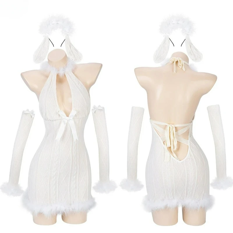 

Christmas Snow Angel Girl Furry Sexy Knitted Dress Mini Uniform Backless Nightdress Pajamas Outfits for Porn Cosplay Costume