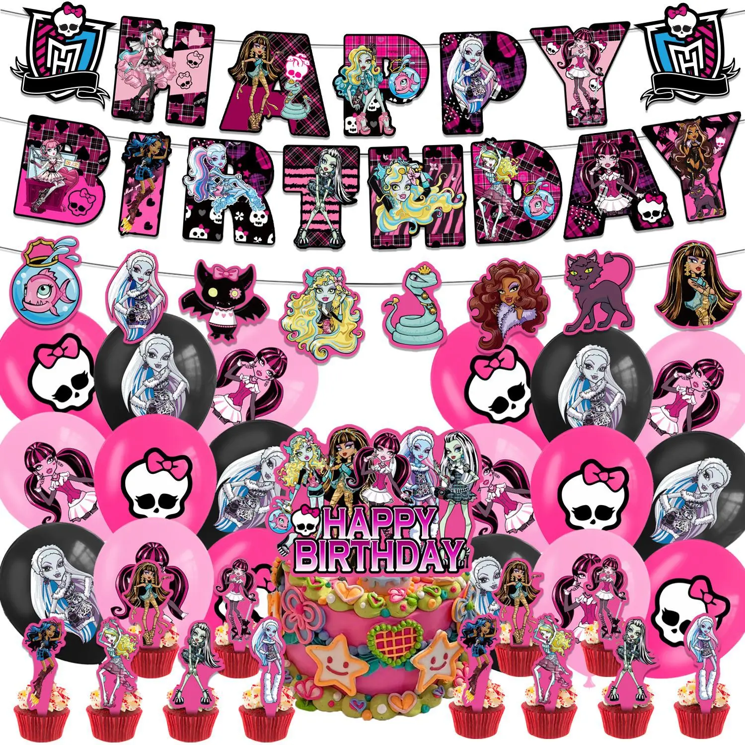 Hot Monster High Birthday Party Supply Disposable Banner Cake Topper Hanging Flag Monster High Balloons Set Birthday Decoration