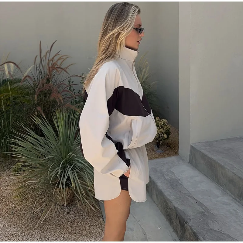 Farbblock-Zweiteiler mit Reißverschluss, Langarm-Stehkragenjacke, Sportshorts mit elastischem Bund, Damen 2026 Sommer Casual Chic Sets – Detail 12