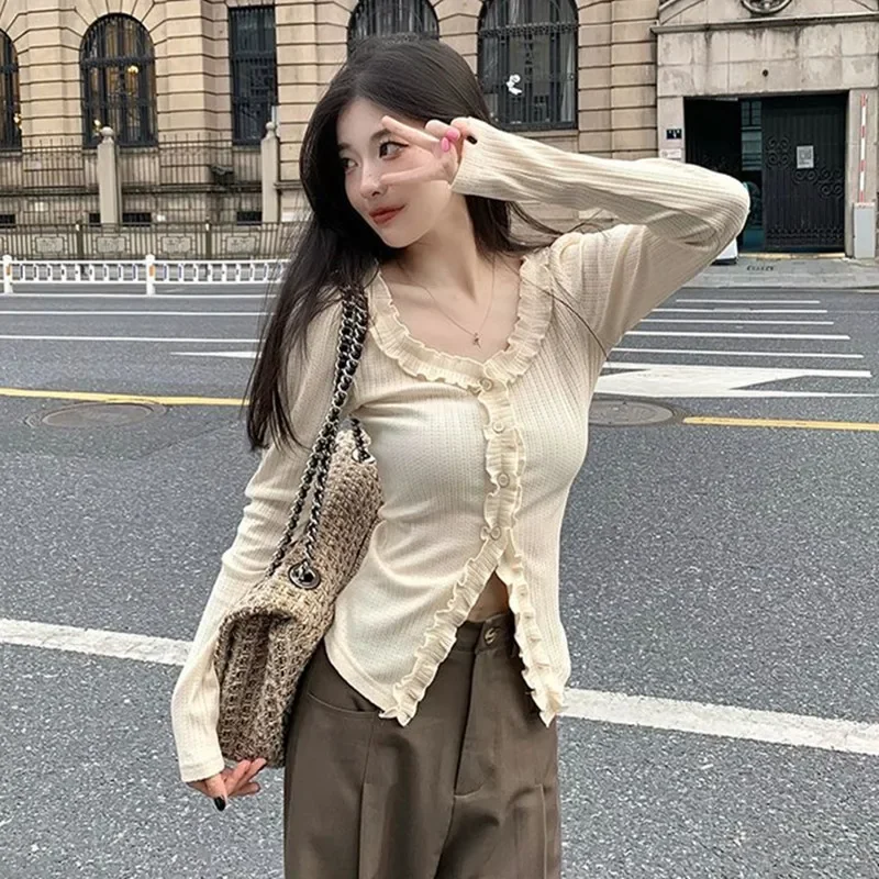 Spring Autumn New Style Slimming French Elegant Tweed Long Sleeve T-Shirt Pure Desire Cardigan Stylish Shirt Top V-Neck