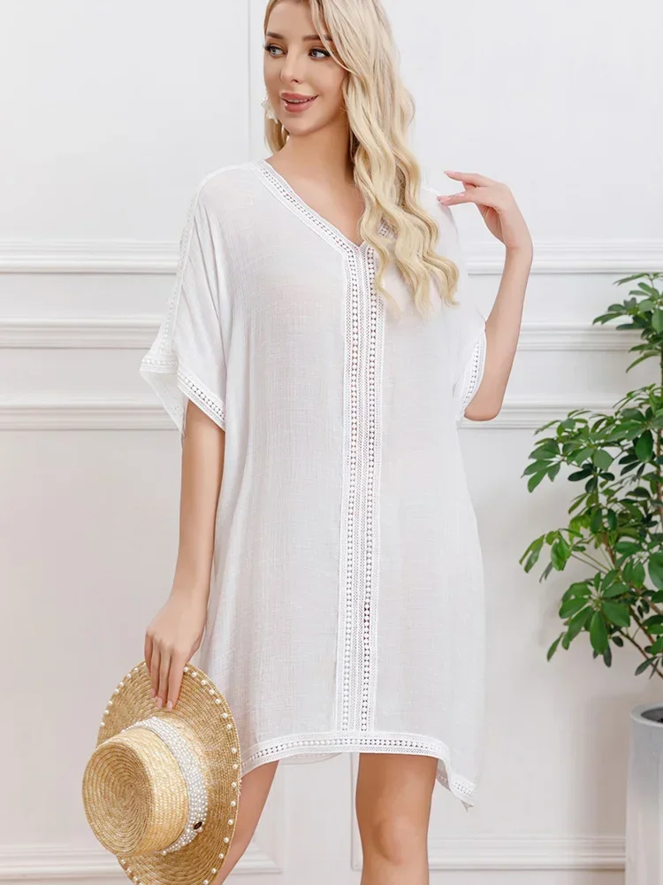 2025 new Thin Beach Cover-Ups Women Bikini Cover Up V Neck Solid Loose Beach Dress Summer Vacation Fashion Female Beachwear