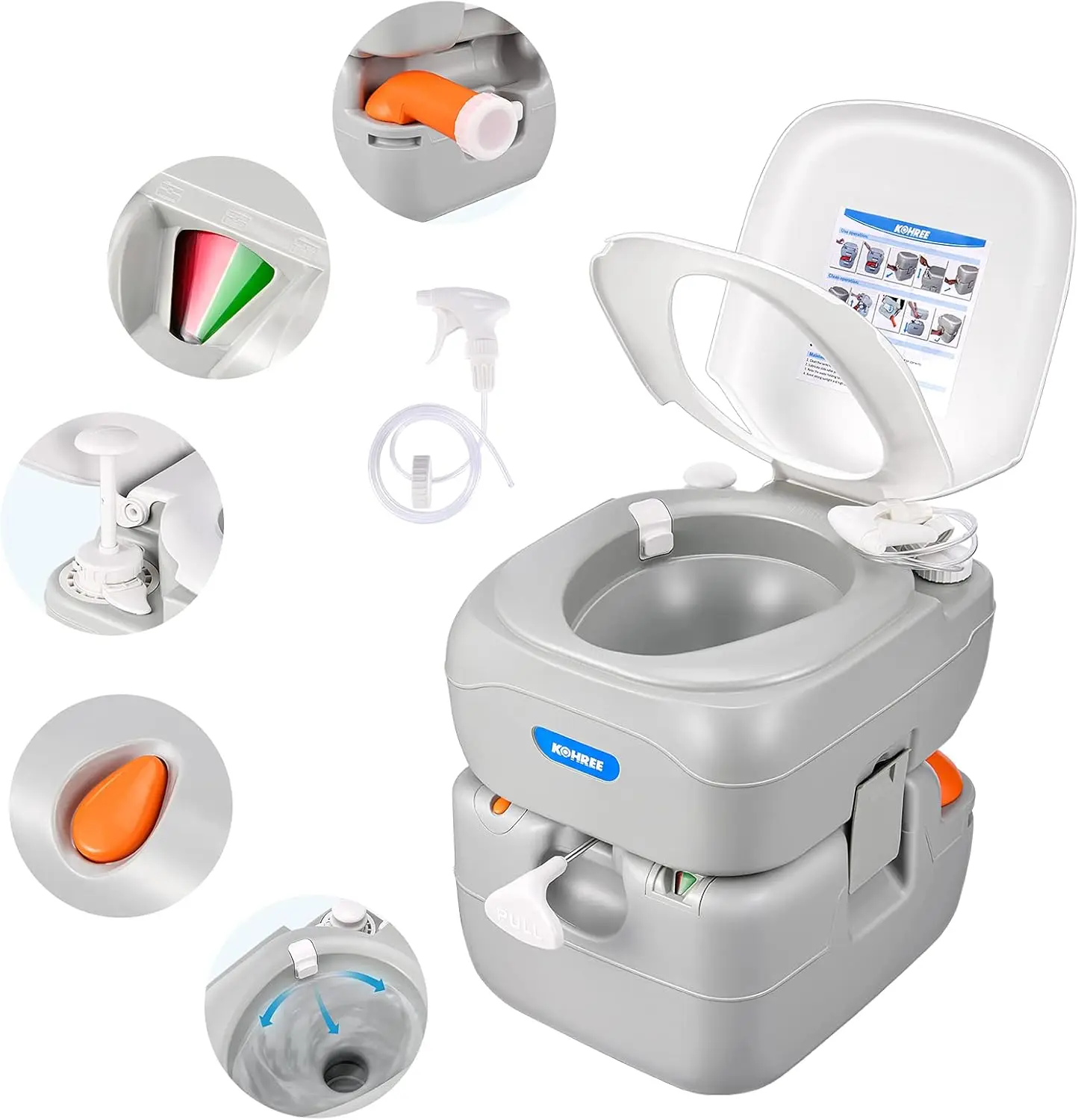 Portable RV Toilet, 5.8 Gallon Detachable Waste Tank, Indoor Outdoor Leak-Proof Toilet with Level Indicator, RV Travel