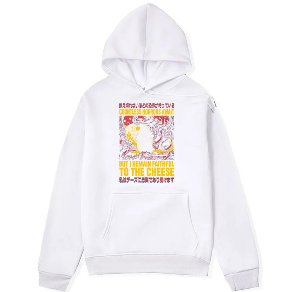 Funny Faithful To The Cheese Japanese Horror Rat Print Hoodie Men Women's Fashion High Quality Oversized Hooded Sweatshirts Male