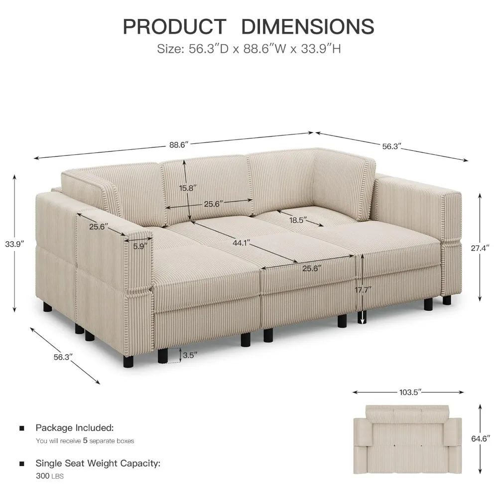 Modular Sectional Sofa with Deep Storage Seat, Corduroy Convertible 6 Seat Sleeper, Comfy Living Room Furniture, 88.6