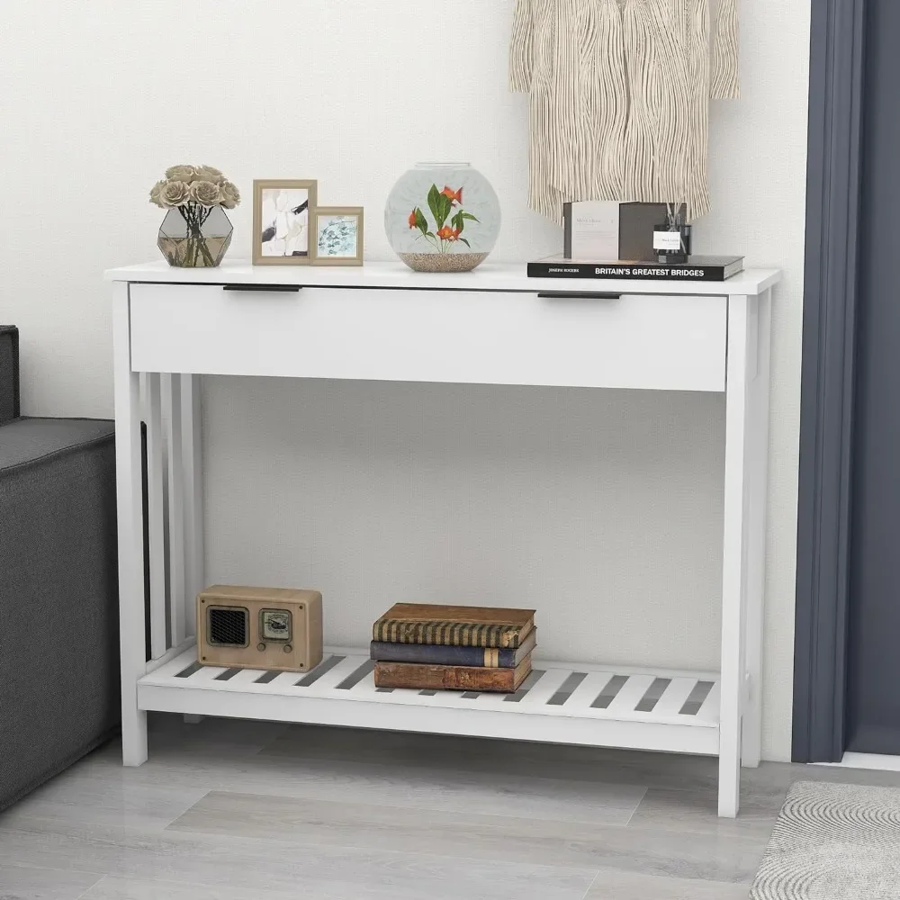 

White Narrow Console Table with Storage Modern Wood Entryway Table with Drawer Hallway Table Sofa Tables for Living Room