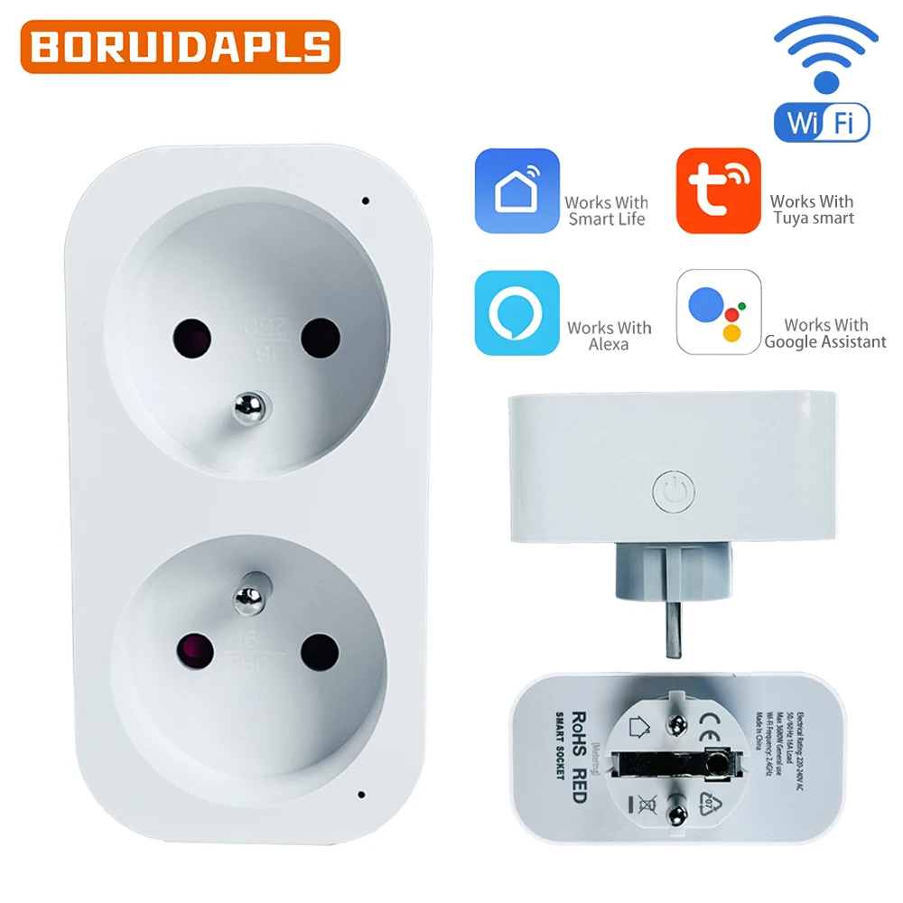 

BORUIDAPLS FR WiFi Smart Plug with Dual sockets, APP, Voice, Timer Control, Power Data Support, Alexa, Google Home, Tuya Smart
