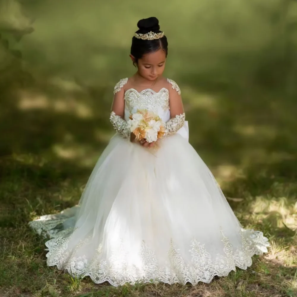 

Luxury Princess Flower Girl Dress Long Sleeves Lace Appliques Shiny Tulle Dresses For Wedding Floor Length Birthday Party Gowns