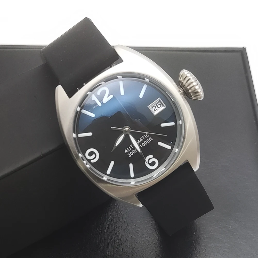 PARNSRPE NH35 36mm Green Luminous Minimalist Watch, Sapphire Crystal Rubber Strap Solid Caseback Waterproof, Daily Casual