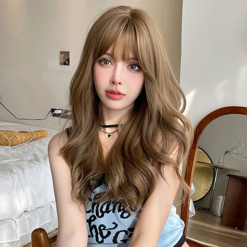 7JHH WIGS Costume Wig Synthetic Layered Honey Blonde Wig for Women Fashion Body Wavy Brown Wigs with Fluffy Bangs High Density