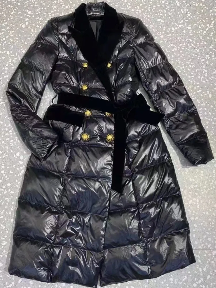 Pardessus long à double boutonnage pour femme, manteau de travail en duvet léger, parkas à ceinture, coupe couvertes, optique chaude, bureau, dames,