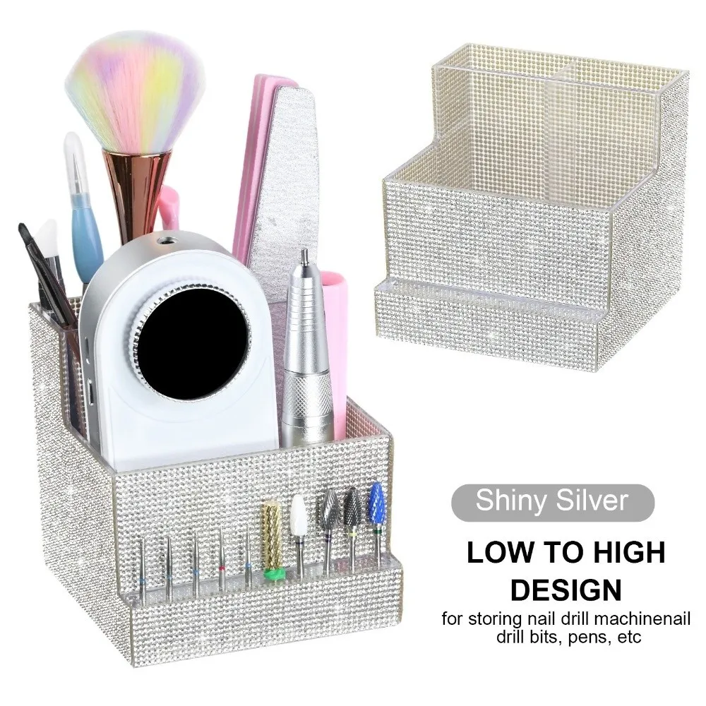 Full Rhinestone Nail Art Tool Organizer Dual Compartment Large Capacity Nail Art Storage Box 10 Slot Holder Multifunctional