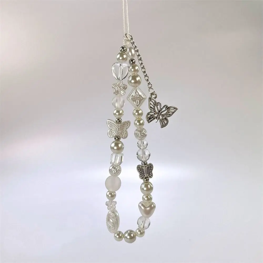 Y2K Silver Cell Phone Strap Clear Star Sweet Girl Phone Lanyard Anti-Lost Wrist Strap Beads Phone Chain Women Girl
