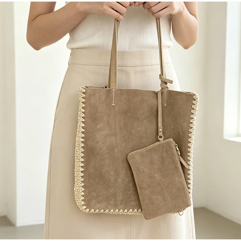Vintage-Umhängetasche aus Kunstwildleder mit passendem Portemonnaie, Damenhandtasche mit Häkelspitzenbesatz, elegante Colorblock-Tragetasche für Herbst und Winter – Detail 14
