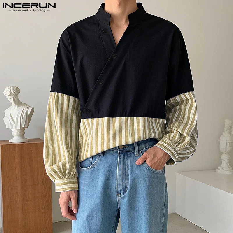

INCERUN Tops 2025 Korean Style Fashion Men's Striped Patchwork Contrast Stand Neck Shirts Casual Personality Long Sleeved Blouse