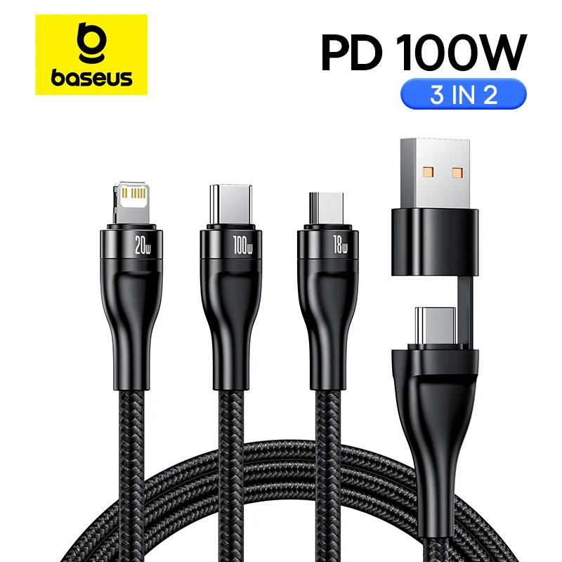 Baseus 3 in 1 USB Type C Cable for iPhone 15 14 13 12 Pro Charger Cable 100W Micro USB Type C Cable for Macbook Samsung Xiaomi